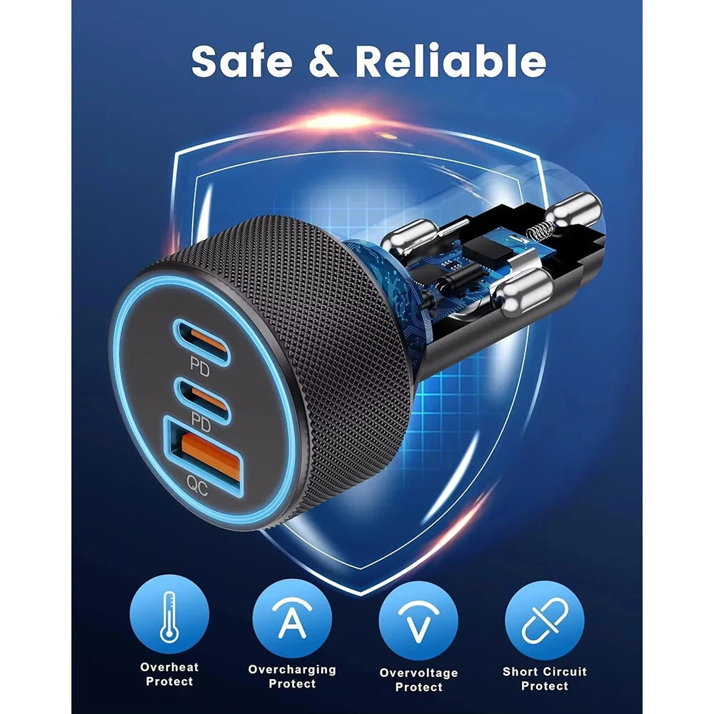 3-Port USB C Car Charger Adapter 67W Car Charger Dual USB-C & USB-A Car Power Adapter PD/QC Fast Charging for iOS and Android Devices