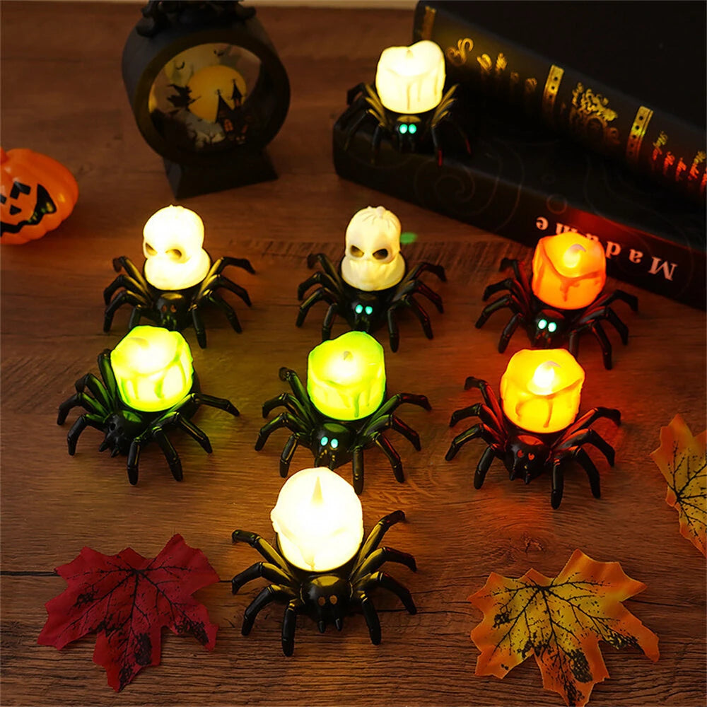 Elfeland 12PCS Halloween Spider Tea Lights with Glowing Eyes LED Flameless Spider Candle Halloween Decors with Skull & Eye Designs for Party Home Scary Atmosphere