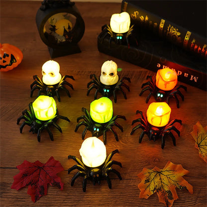 Elfeland 12PCS Halloween Spider Tea Lights with Glowing Eyes LED Flameless Spider Candle Halloween Decors with Skull & Eye Designs for Party Home Scary Atmosphere