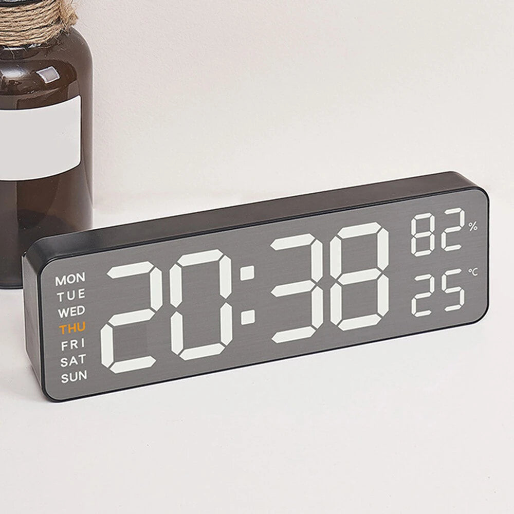 Electronic Wall Clock Temperature Humidity Display Metal Brushed Multifunctional Wall Clock Digital LED Electronic Alarm Clock