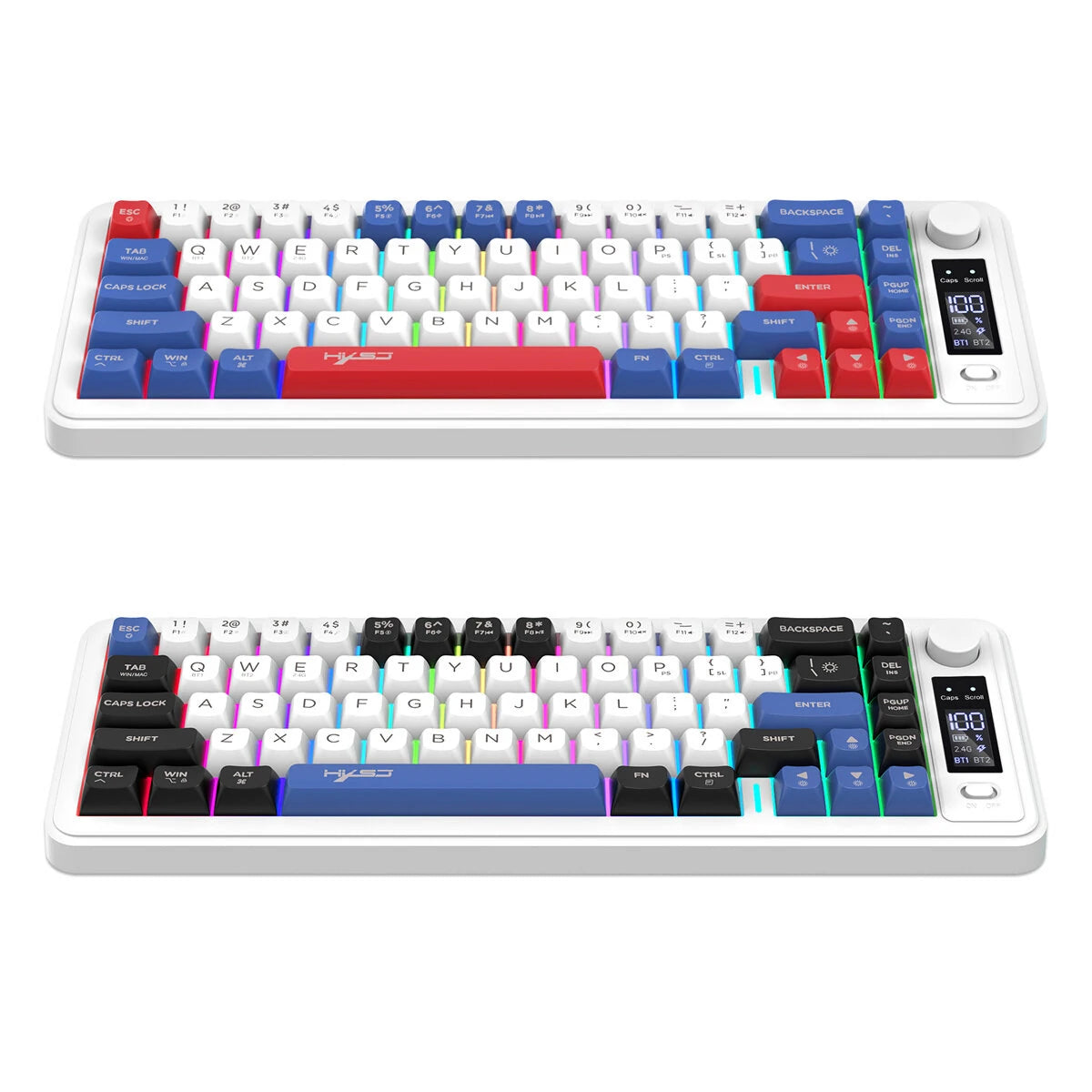 HXSJ L68 Three-Mode Wireless Gaming Keyboard with Display Screen and Multimedia Knob 68-keys RGB Light 2000mAh Battery Type-C Rechargeable 2.4G/BT1/BT2 Wireless Membrane Keyboards for PC Laptop Computer