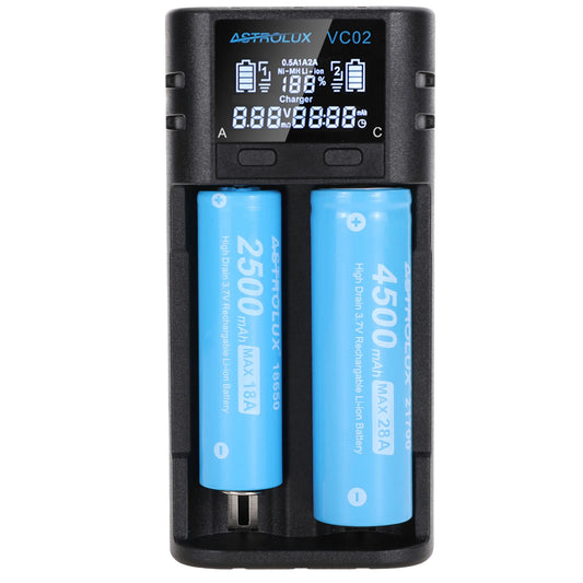 Astrolux VC02 Intelligent 2-Slot LCD Battery Charger Type-C 2A Quick Charge Mix-charging of 1.2V Ni-MH/Ni-CD AA/ AAA/ AAAA 3.6V/ 3.7V Li-ion/ IMR/ INR/ ICR 14500/ 18650/ 21700/26650 Battery For Cells Flashlight RC Toys Home Tools