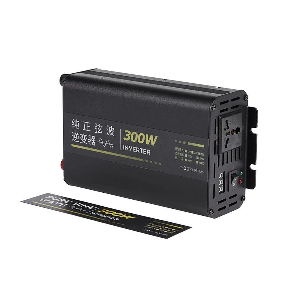 300W Pure Sine Wave Power Inverter 12V 24V to 220V AC Aluminum Alloy Case with Cooling Fan Remote Control High Efficiency 90% for Car RV Solar Overload Short Circuit Protection