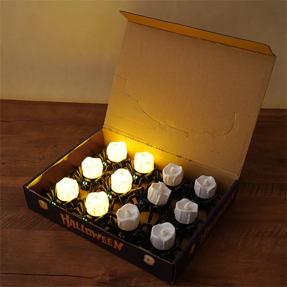 Elfeland 12PCS Halloween Spider Tea Lights with Glowing Eyes LED Flameless Spider Candle Halloween Decors with Skull & Eye Designs for Party Home Scary Atmosphere