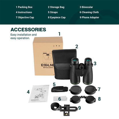 [EU Direct] ESSLNB ES3074 12X50 Binoculars Green Film FMC Waterproof Binoculars with Phone Adapter 22mm Large Eyepiece Compact Binoculars for Bird Watching Tracing