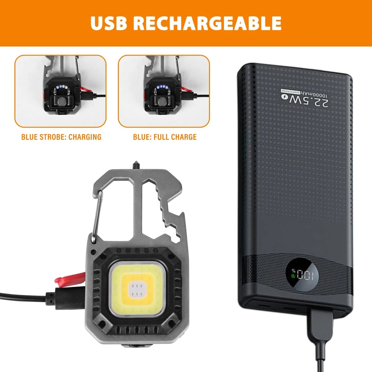 Mini LED Flashlight Work Light Portable Pocket Flashlight Keychains USB Rechargeable for Outdoor Camping Small Light Corkscrew