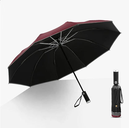 AGSIVO LED Light Travel Automatic Folding Reverse Umbrella 10 Ribs Reinforced Windproof UPF 50+ UV Protection Auto Open Close For Men and Women