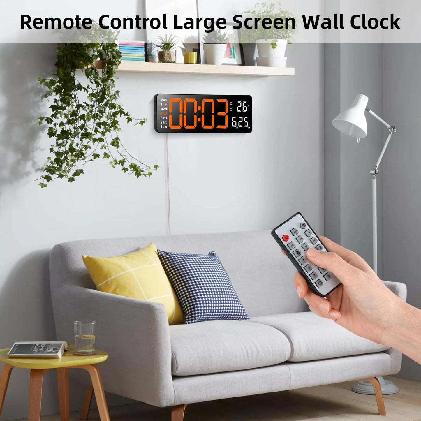 AGSIVO 13 Inch Digital Wall Clock Large LED Display with Remote Control / Automatic Brightness / Indoor Temperature / Date / Week / 12/24H For Home Office Classroom