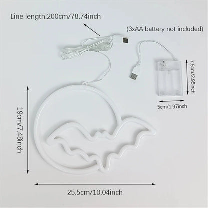 Halloween Bat Moon Neon Sign LED Light USB or Battery Powered IP42 Waterproof Festive Wall and Table Decor