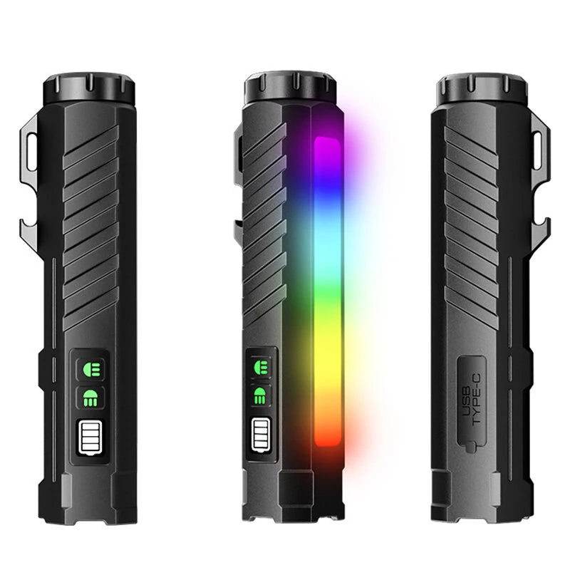 BIKIGHT LY-908 Multifunctional Aluminum Alloy Flashlight with RGB Side Lights Red LEP Pointer 3000mAh Magnetic Tail Type-C Rechargeable Smart Display for Outdoor Camping Emergency Lamps