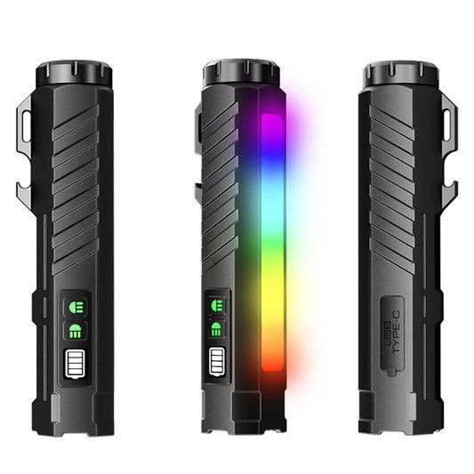 BIKIGHT LY-908 Multifunctional Aluminum Alloy Flashlight with RGB Side Lights Red LEP Pointer 3000mAh Magnetic Tail Type-C Rechargeable Smart Display for Outdoor Camping Emergency Lamps