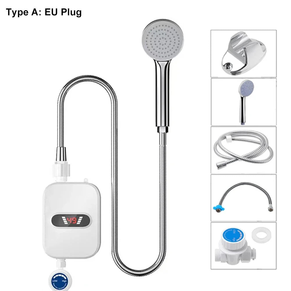 Tevorex 3000W/3500W Portable Mini Water Heater 110V/220V Instant Electric Heater IPX4 Waterproof Adjustable Temperature for Shower EU/UK/US Plug
