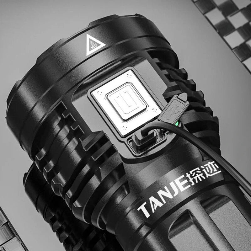 TANJE 8*P900+COB Super Bright Type-C Rechargeable ABS Housing Flashlight with 18650 Battery COB Side Light 500m Long Range Powerful LED Torch Camping Lantern