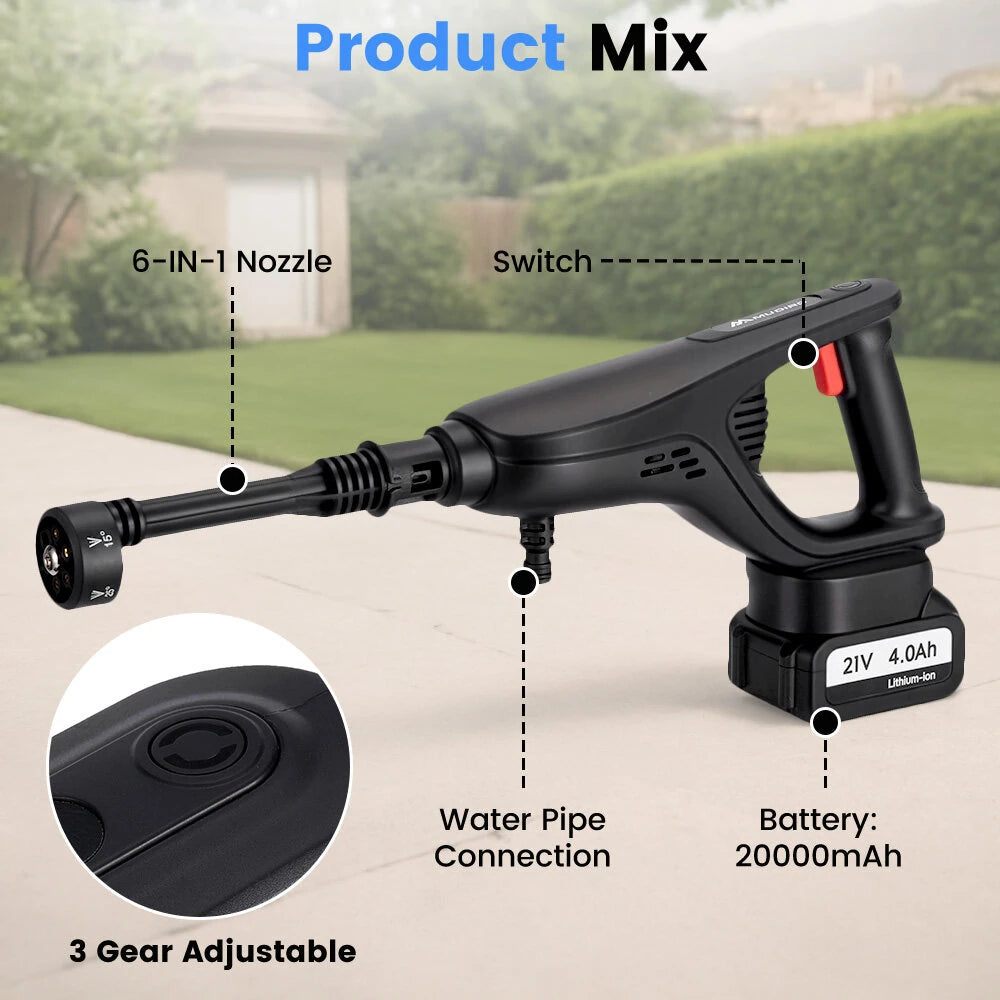 MUDIRO M-BW1 3500W Cordless Pressure Washer with 4.0Ah Batteries,220Bar 1.32 GPM Brushless Motor Portable Pressure Washer with 6 in 1 Nozzles, Power Washer for Cars, Fences, Driveways, Home, Patios