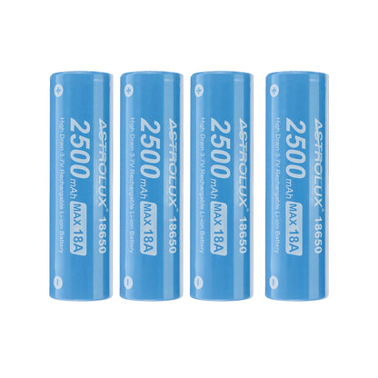 4Pcs Astrolux E1825 18A 2500mAh 3.7V 18650 Li-ion Battery Unprotected High Drain Rechargeable Lithium Power Cell For Astrolux Nitecore Lumintop Fenix Olight Flashlights RC Toys Home Tools