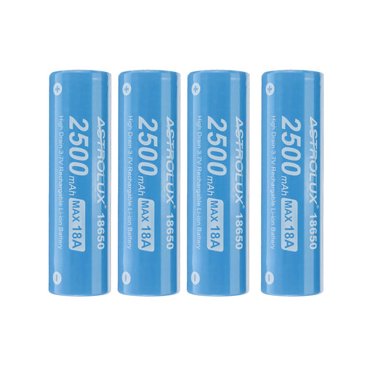 4Pcs Astrolux E1825 18A 2500mAh 3.7V 18650 Li-ion Battery Unprotected High Drain Rechargeable Lithium Power Cell For Astrolux Nitecore Lumintop Fenix Olight Flashlights RC Toys Home Tools