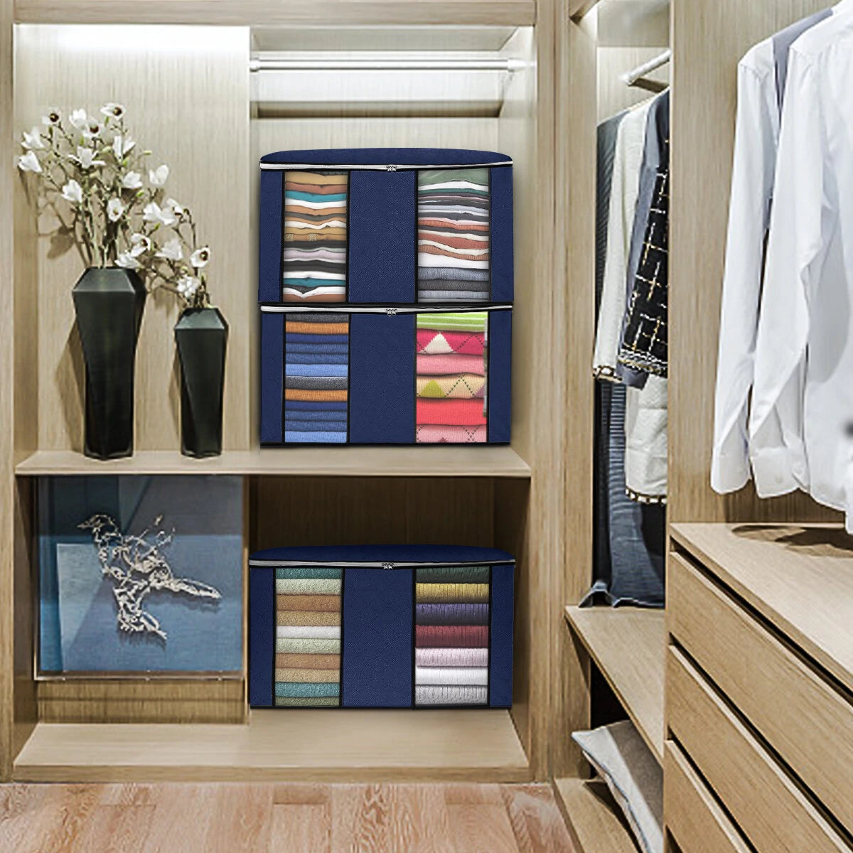 KING DO WAY 3PCS Clothes Storage Bag Non-woven Fabric Two-window Foldable Storage Bag