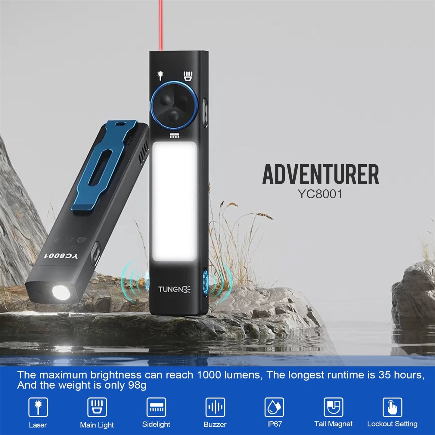 TUNENGE YC8001 800LM Flat LED Flashlight Type-C Rechargeable EDC Torch with Tail Magnet IP67 Waterproof Built-in1000 mAh Battery Lantern