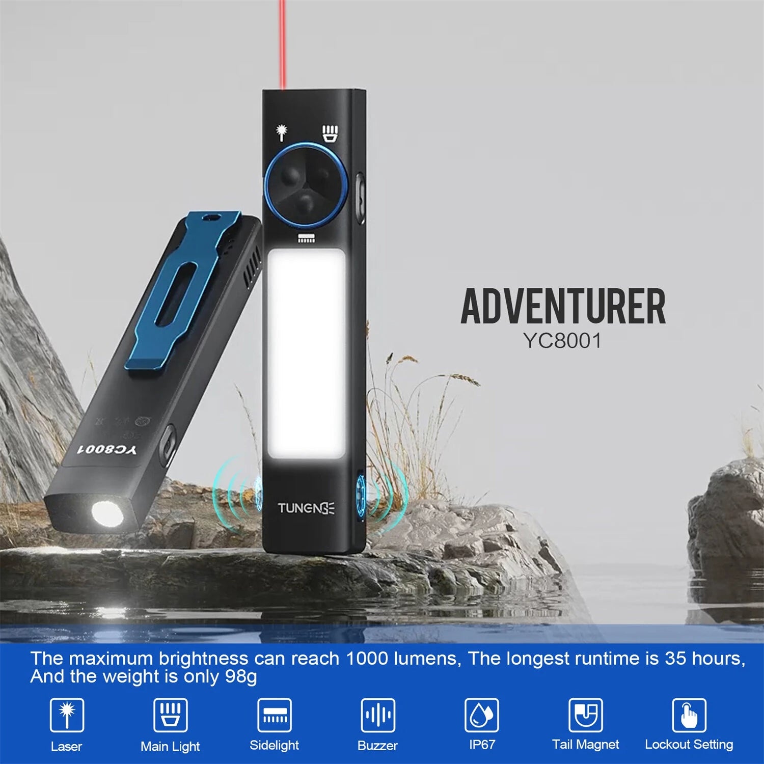 TUNENGE YC8001 800LM Flat LED Flashlight Type-C Rechargeable EDC Torch with Tail Magnet IP67 Waterproof Built-in1000 mAh Battery Lantern