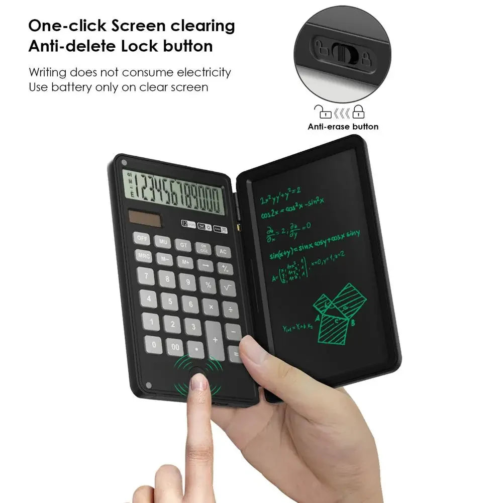 12 Digits Display Smart Calculator Handwriting Tablet Button Battery Solar Dual Power Supply Mini Scientific Calculator with Foldable Writing Tablet Financial Calculator Tablet Drawing Pad with Stylus Pen