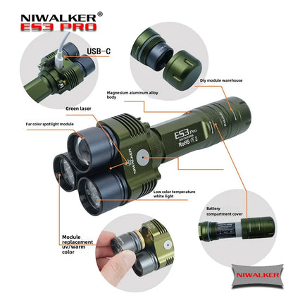Niwalker ES3 Pro 3500LM CW & NW Multipurpose Powerful 21700 Flashlight Type-C Rechargeable Multi Light Sources Strong Light LED Torch