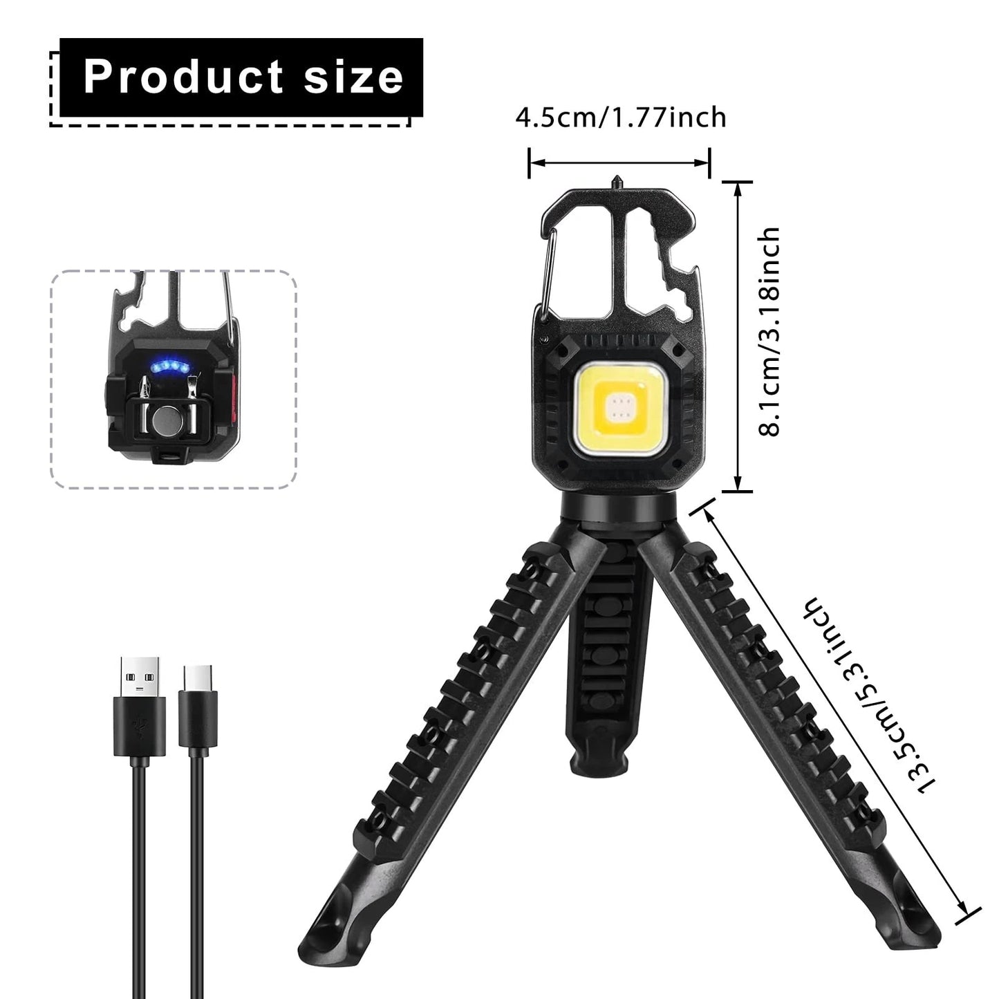 Mini LED Flashlight Work Light Portable Pocket Flashlight Keychains USB Rechargeable for Outdoor Camping Small Light Corkscrew