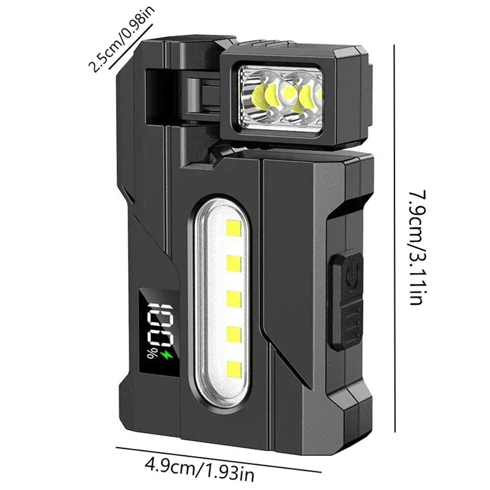 Multipurpose Dual Light Source LED Keychain Flashlight LCD Display Rotatable Pocket Work Light with Metal Clip EDC Torch for Outdoor Camping Hiking Emergency