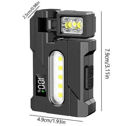 Multipurpose Dual Light Source LED Keychain Flashlight LCD Display Rotatable Pocket Work Light with Metal Clip EDC Torch for Outdoor Camping Hiking Emergency