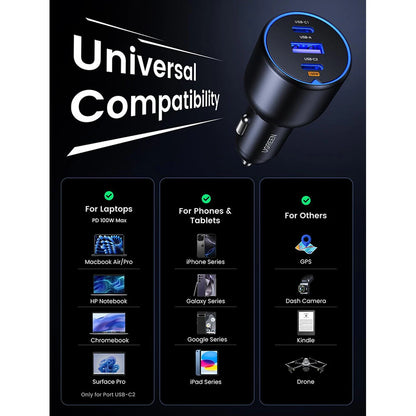UGREEN 130W USB C Car Charger PD 100W +PD 30W Type C Car Charger Adapter for iPhone 16 16 Plus 16 Pro 16 Pro Max Galaxy S24 S23 Ultra for iPad MacBook