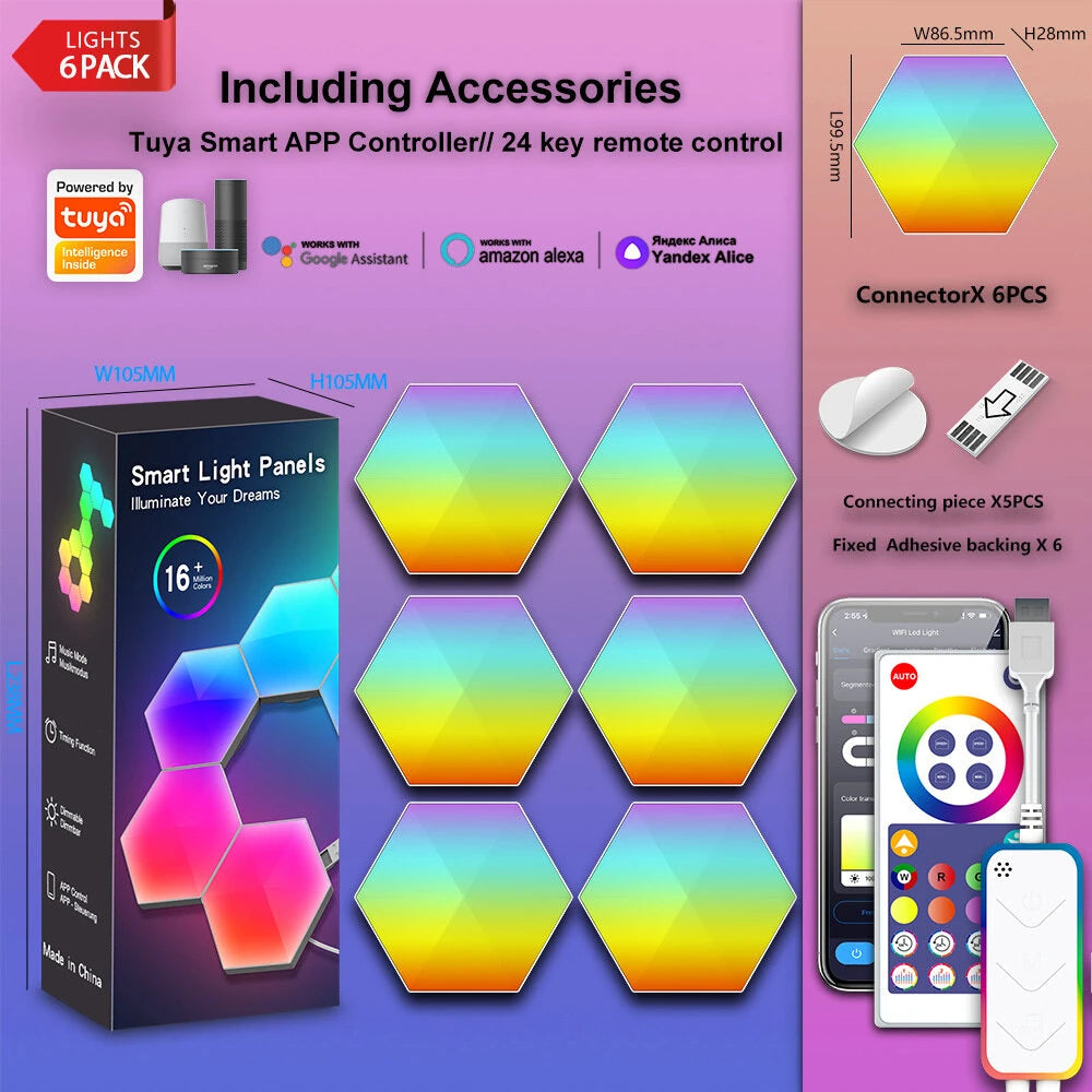 LIXINCORDA Smart RGBIC Hexagonal LED Light Panels Music Sync APP/Remote/Voice Control With Alexa Google