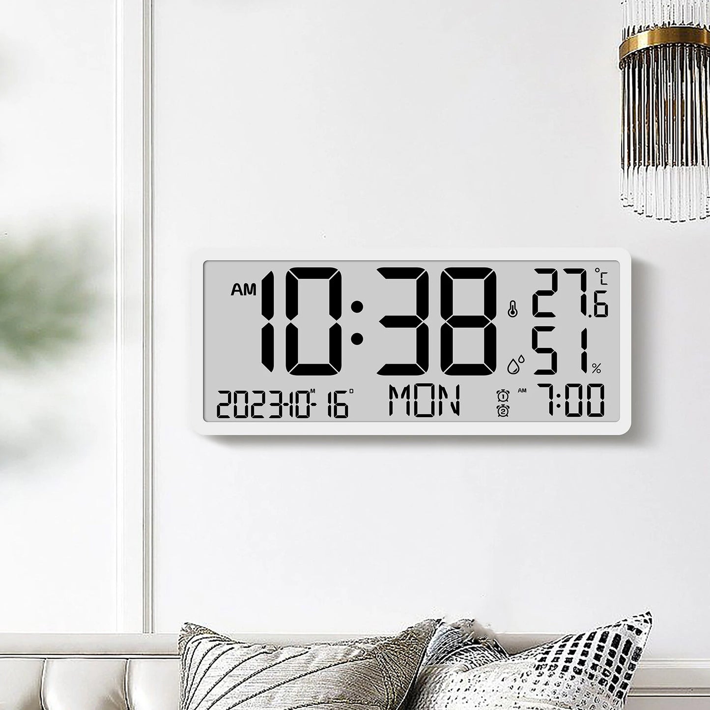 Large LCD Digital Wall Clock Temperature Humidity Display Alarm Clock Hanging/Desktop Digital Clock Plugged in Electronic Desktop Clock for Home and Offices