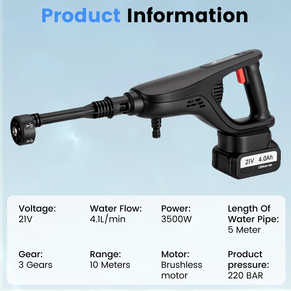 MUDIRO M-BW1 3500W Cordless Pressure Washer with 4.0Ah Batteries,220Bar 1.32 GPM Brushless Motor Portable Pressure Washer with 6 in 1 Nozzles, Power Washer for Cars, Fences, Driveways, Home, Patios
