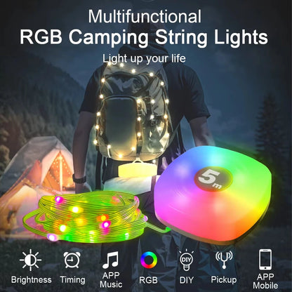 Elfeland 5m Smart Camping Light Strip APP Control Rechargeable Waterproof LED Night Light 16M Colors Music Sync Timer Portable Outdoor Lamp