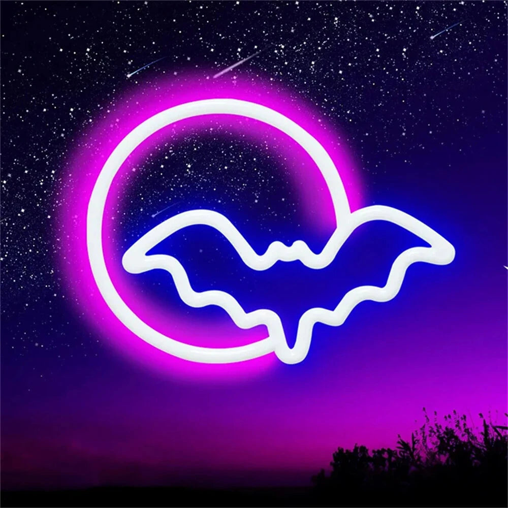 Halloween Bat Moon Neon Sign LED Light USB or Battery Powered IP42 Waterproof Festive Wall and Table Decor