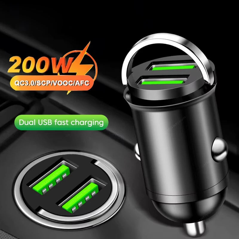 200W Dual USB Car Charger Fast Charging for iPhone QC3.0 Mini USB Car Phone Charger for Xiaomi for Samsung Huawei Honor