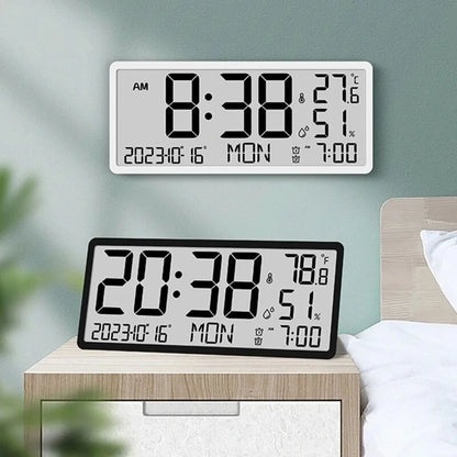 Large LCD Digital Wall Clock Temperature Humidity Display Alarm Clock Hanging/Desktop Digital Clock Plugged in Electronic Desktop Clock for Home and Offices