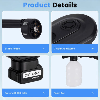 MUDIRO M-BW1 3500W Cordless Pressure Washer with 4.0Ah Batteries,220Bar 1.32 GPM Brushless Motor Portable Pressure Washer with 6 in 1 Nozzles, Power Washer for Cars, Fences, Driveways, Home, Patios