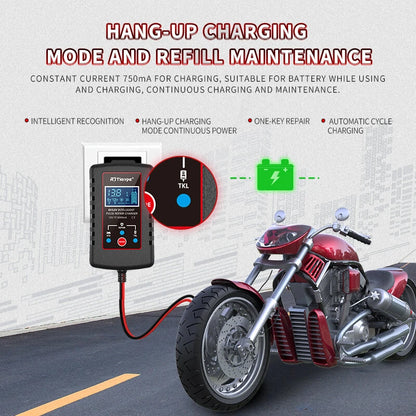 RJtianye Smart Automatic Motorcycle Battery Charger with 2m Clamp for 6V-12V 2Ah-20Ah Lead-Acid Battery