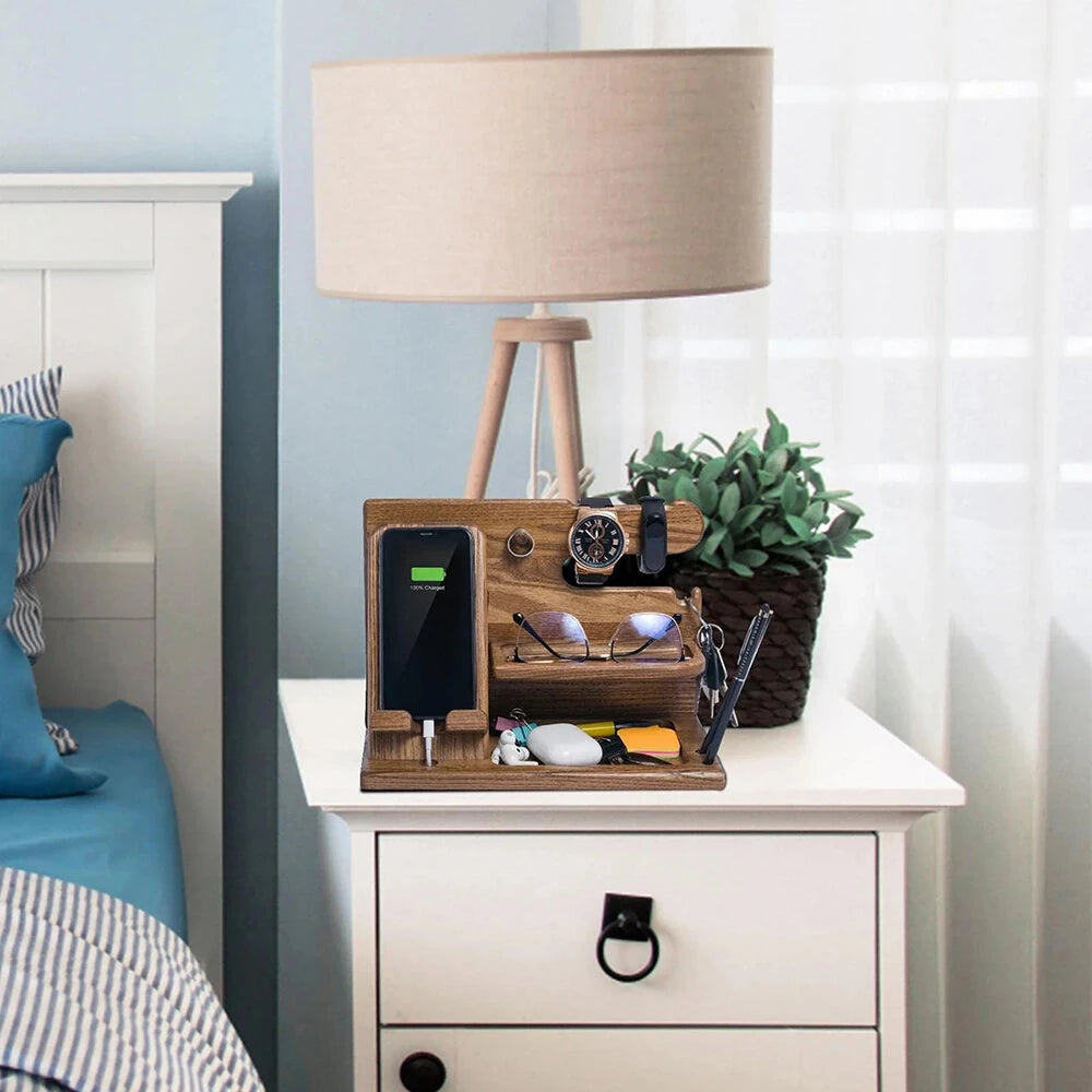 Multifunctional Desktop Charging Mobile Phone Holder Wooden Phone Storage Stand Key Holder Wallet Stand Watch Organizer