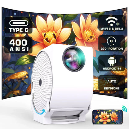 [EU Direct] ProjeStar Snails 4K Supported Mini Projector 400ANSI Android 11 WiFi6 bluetooth5.2 270 Rotatable 350" Screen Auto Keystone Portable Movie Video Projector for Home Outdoor Cinema