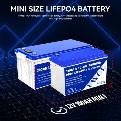 PWOD 12.8V 100Ah 1280Wh Mini LiFePO4 Battery Pack Grade A Build-in BMS Lithium Iron Phosphate For RV EV Camping