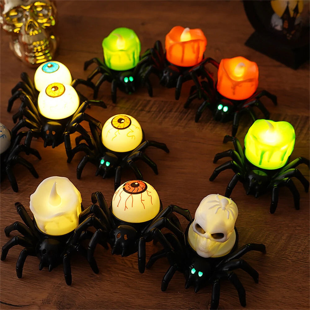 Elfeland 12PCS Halloween Spider Tea Lights with Glowing Eyes LED Flameless Spider Candle Halloween Decors with Skull & Eye Designs for Party Home Scary Atmosphere