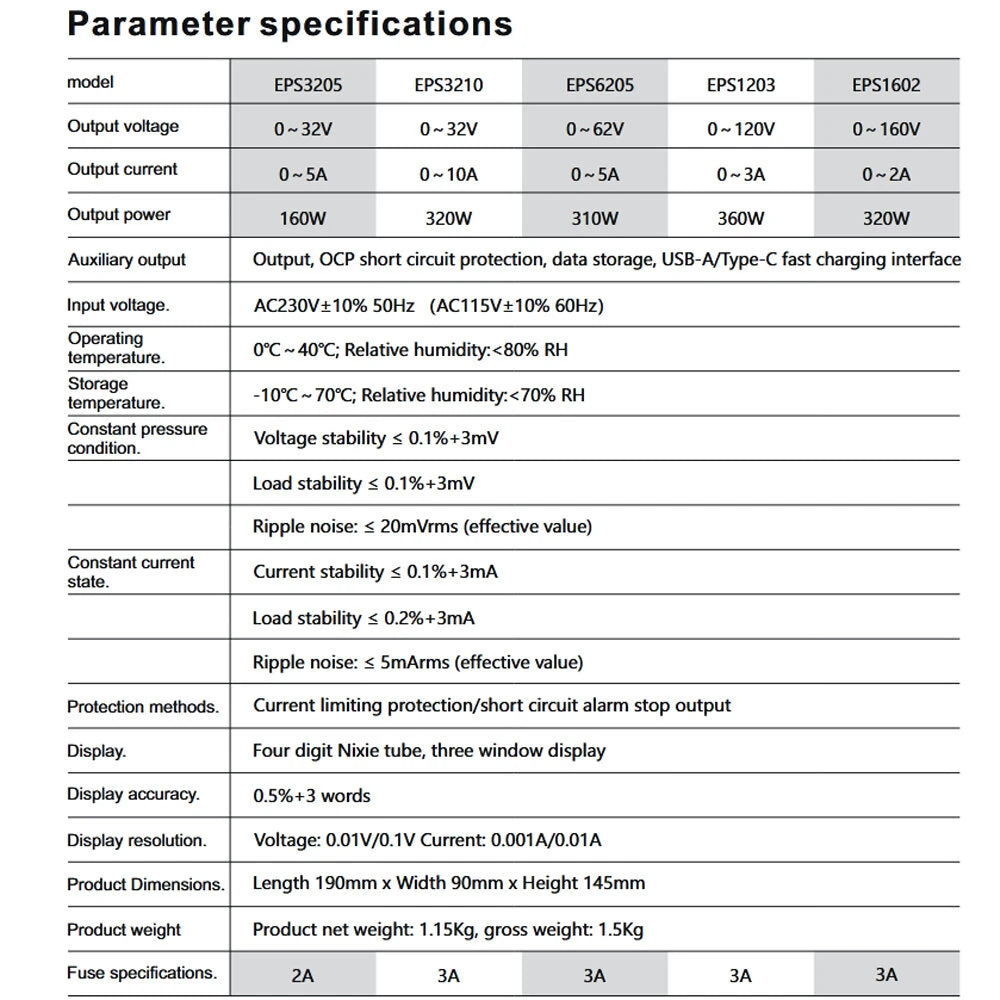 WANPTEK Regulated Power Supply EPS1602 0-160V Voltage 0-2A 0-10A Current (Multiple voltage options) Multi-Function Protection Superior Stability Digital Display ideal for Diverse Electronics Application EPS3205/EPS3210/EPS6205/EPS1203/EPS1602