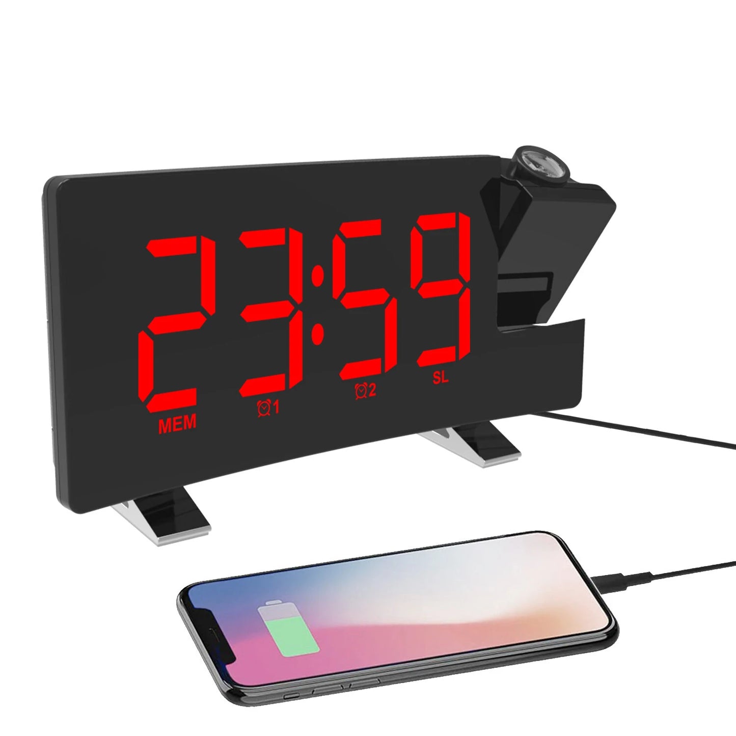 AGSIVO 8 Inch Projection Alarm Clock with 180 Rotatable Projector / FM Radio / Snooze / 3-Level Brightness Dimmer / Curved Clear LED Display / USB Charger For Bedroom Living Room