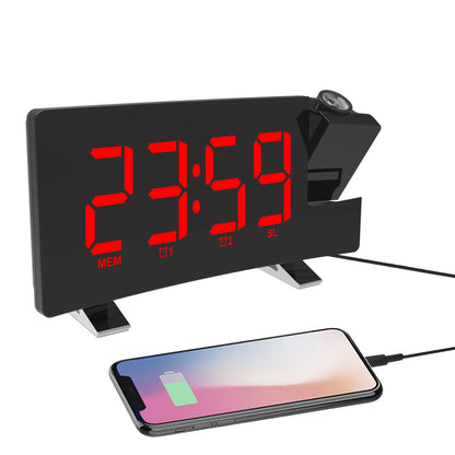 AGSIVO 8 Inch Projection Alarm Clock with 180 Rotatable Projector / FM Radio / Snooze / 3-Level Brightness Dimmer / Curved Clear LED Display / USB Charger For Bedroom Living Room