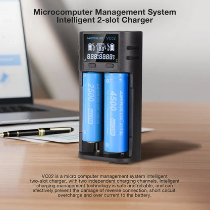 Astrolux VC02 Intelligent 2-Slot LCD Battery Charger Type-C 2A Quick Charge Mix-charging of 1.2V Ni-MH/Ni-CD AA/ AAA/ AAAA 3.6V/ 3.7V Li-ion/ IMR/ INR/ ICR 14500/ 18650/ 21700/26650 Battery For Cells Flashlight RC Toys Home Tools