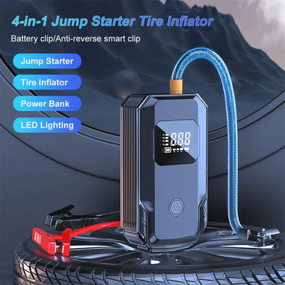 Car Jump Starter with Air Compressor Portable Booster Charger 1200A Powerful Battery Starting Device with Flashlight Tire Inflator