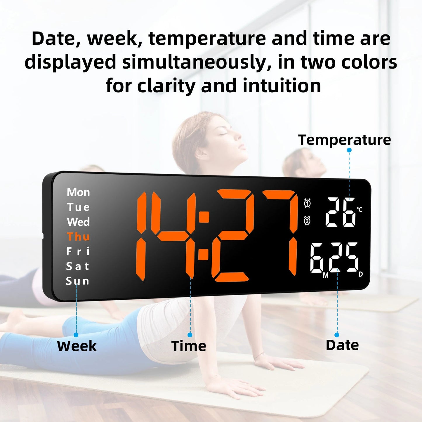 AGSIVO 13 Inch Digital Wall Clock Large LED Display with Remote Control / Automatic Brightness / Indoor Temperature / Date / Week / 12/24H For Home Office Classroom