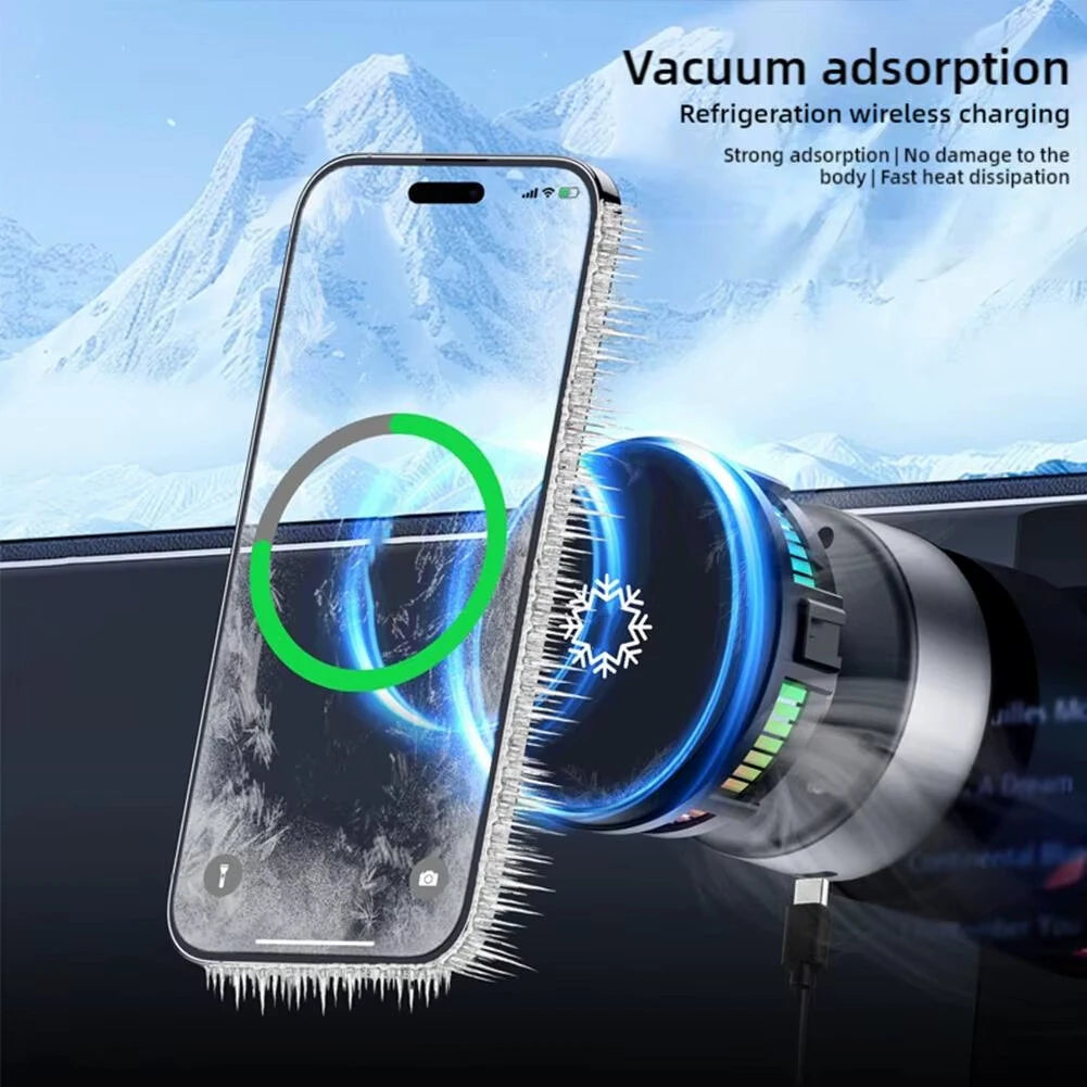 Wireless Charger Vacuum Magnetic, Active Cooling 15W Car Mount Charger with RGB Light Phone Holder Compatible with Magsafe