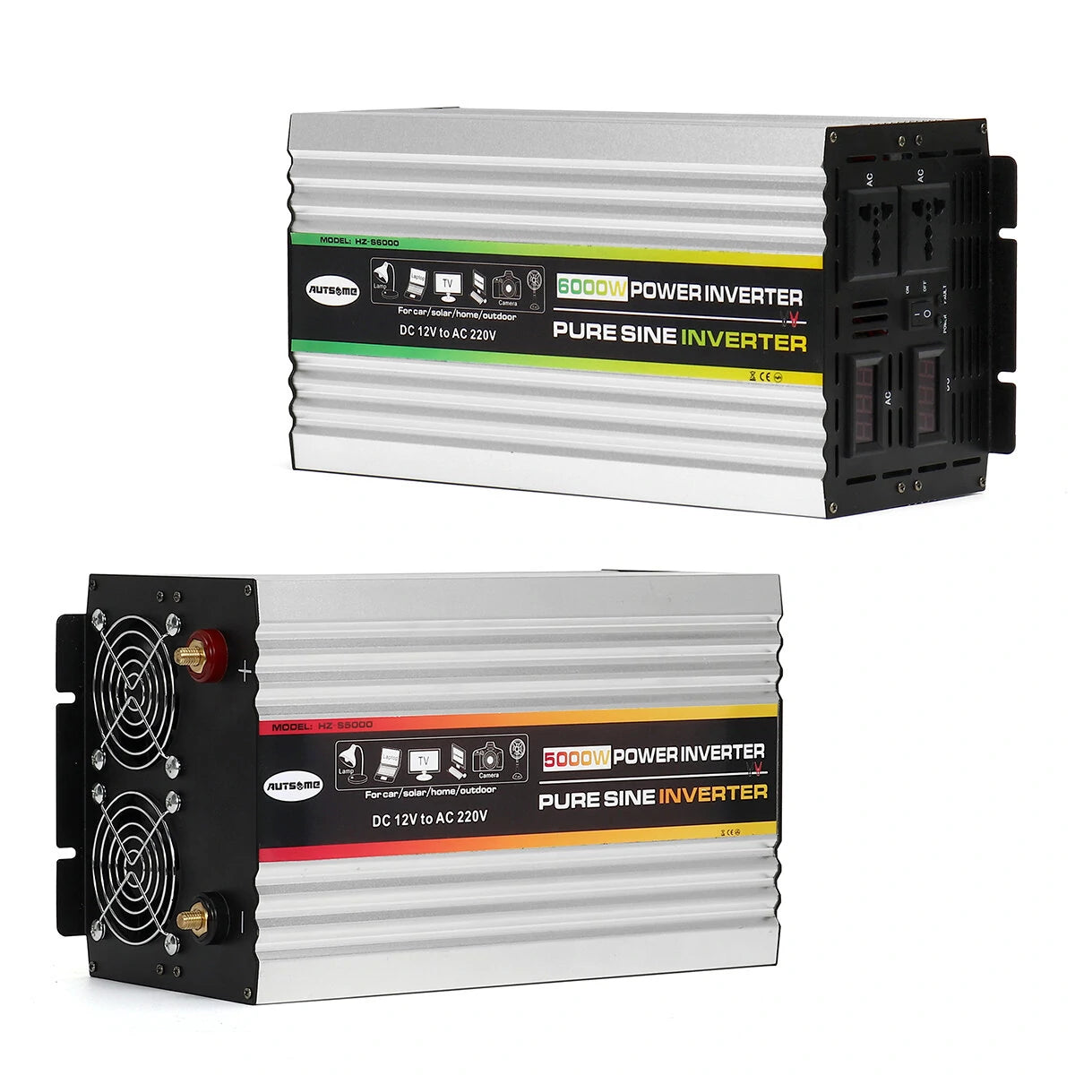 AUTSOME 12V to 220V Converter Pure Sine Wave Power Inverter Dual LCD Digital Display 2 Sockets Multiple Protection Functions